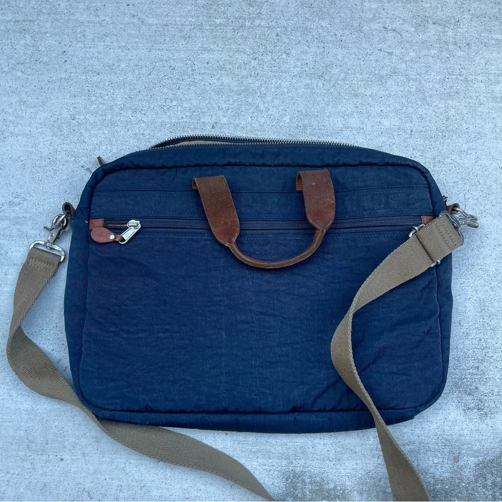 J. Crew Navy Canvas Laptop Brief with Brown Trim and Tan Strap